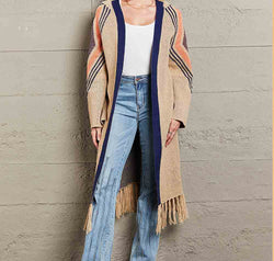 Geometric Fringe Hem Open Front Duster Cardigan