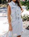 Distressed Half Button Sleeveless Denim Dress