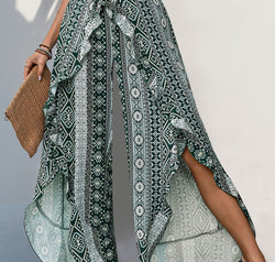 Slit Ruffled Geometric Wide Leg Pants