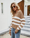 Striped Collared Neck Drop Shoulder Knit Top