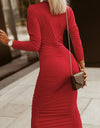 Ruched Surplice Long Sleeve Midi Dress