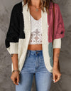 Woven Right Color Block Cable-Knit Batwing Sleeve Cardigan