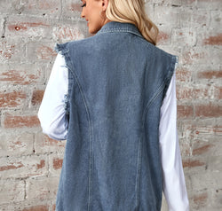 Raw Hem Sleeveless Button Up Denim Jacket