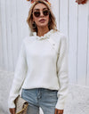 Button Detail Frill Neck Rib-Knit Sweater