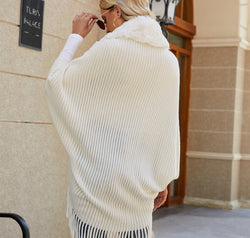 Fringe Detail Long Sleeve Ribbed Poncho