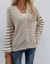 Striped V-Neck Button-Down Cardigan