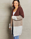 Woven Right Color Block Open Front Rib-Knit Longline Cardigan