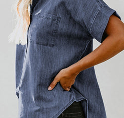 Pocketed Button Up Short Sleeve Denim Shirt