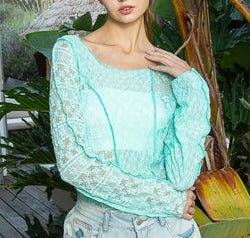 POL Exposed Seam Long Sleeve Lace Knit Top