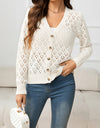 Openwork V-Neck Buttoned Knit Top