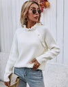 Button Detail Frill Neck Rib-Knit Sweater