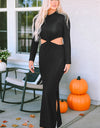 Cutout Round Neck Long Sleeve Slit Maxi Dress