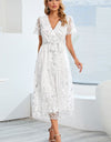 Sequin Leaf Embroidery Tie Front Short Sleeve Dress