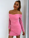 Glitter Ruched Off-Shoulder Long Sleeve Bodycon Dress