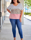 Plus Size Striped Leopard Round Neck Half Sleeve T-Shirt