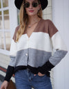 Woven Right Color Block V-Neck Button Down Cardigan