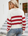 Striped Collared Neck Drop Shoulder Knit Top