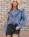 Ruffled Round Neck Long Sleeve Denim Top