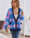 Geometric Lantern Sleeve Cardigan with Pockets