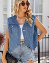 Pocketed Button Up Sleeveless Denim Jacket