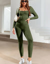 Ruched Square Neck Long Sleeve Active Jumpsuit