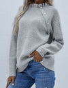 Button Detail Frill Neck Rib-Knit Sweater