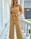 Shiny Tie Belt Buttoned Short Sleeve Collared Neck Jumpsuit