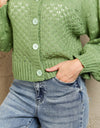 Woven Right Openwork Pompom Puff Sleeve Cardigan