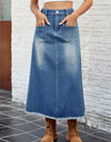 Raw Hem Buttoned Denim Skirt with Pockets