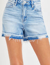 RISEN High Rise Distressed Hem Denim Shorts