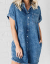 Raw Hem Pocketed Cap Sleeve Denim Dress