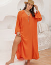 Plus Size Tie Neck Long Sleeve Slit Dress