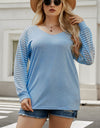 Plus Size Sheer Striped Sleeve V-Neck Top