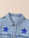 Pocketed Geometric Collared Neck Denim Jacket