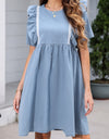 Ruffled Round Neck Short Sleeve Denim Dress