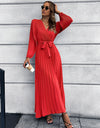 V-Neck Tie Waist Pleated Maxi Dress