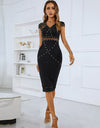 Studded Spliced Mesh V-Neck Dress