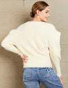 Woven Right Puff Sleeve V-Neck Fuzzy Cardigan