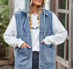 Sleeveless Denim Top with A Detachable Hood
