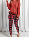 Round Neck Top and Drawstring Plaid Pants Lounge Set