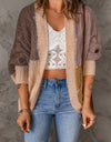 Woven Right Color Block Cable-Knit Batwing Sleeve Cardigan