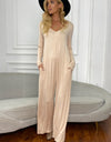 Shiny Long Sleeve V-Neck Jumpsuit with Pockets