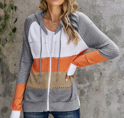 Zip-Up Raglan Sleeve Openwork Hooded Cardigan