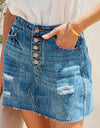 Button-Fly Distressed Raw Hem Denim Skirt