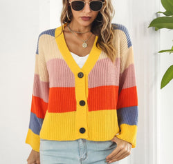 Color Block Button-Down Dropped Shoulder Cardigan