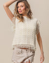 BiBi Layered Pleat Chiffon Edge Cable Knit Top