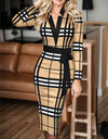 Plus Size Plaid V-Neck Long Sleeve Wrap Dress