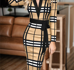 Plus Size Plaid V-Neck Long Sleeve Wrap Dress