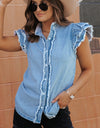 Raw Hem Button Up Cap Sleeve Denim Top