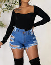 Distressed Raw Hem Denim Shorts with Pockets